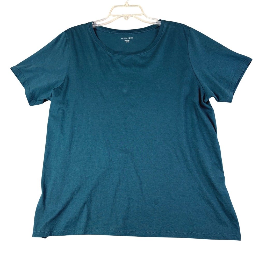 Eileen Fisher XL Teal Organic Cotton Short Sleeve Crew Neck Tee Minimalist Basic